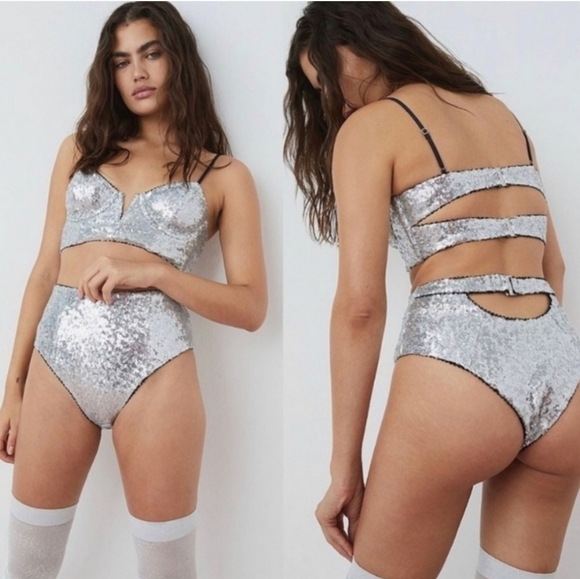 New!For Love And Lemon Sequin Silver High Waisted Panty - Picture 1 of 11